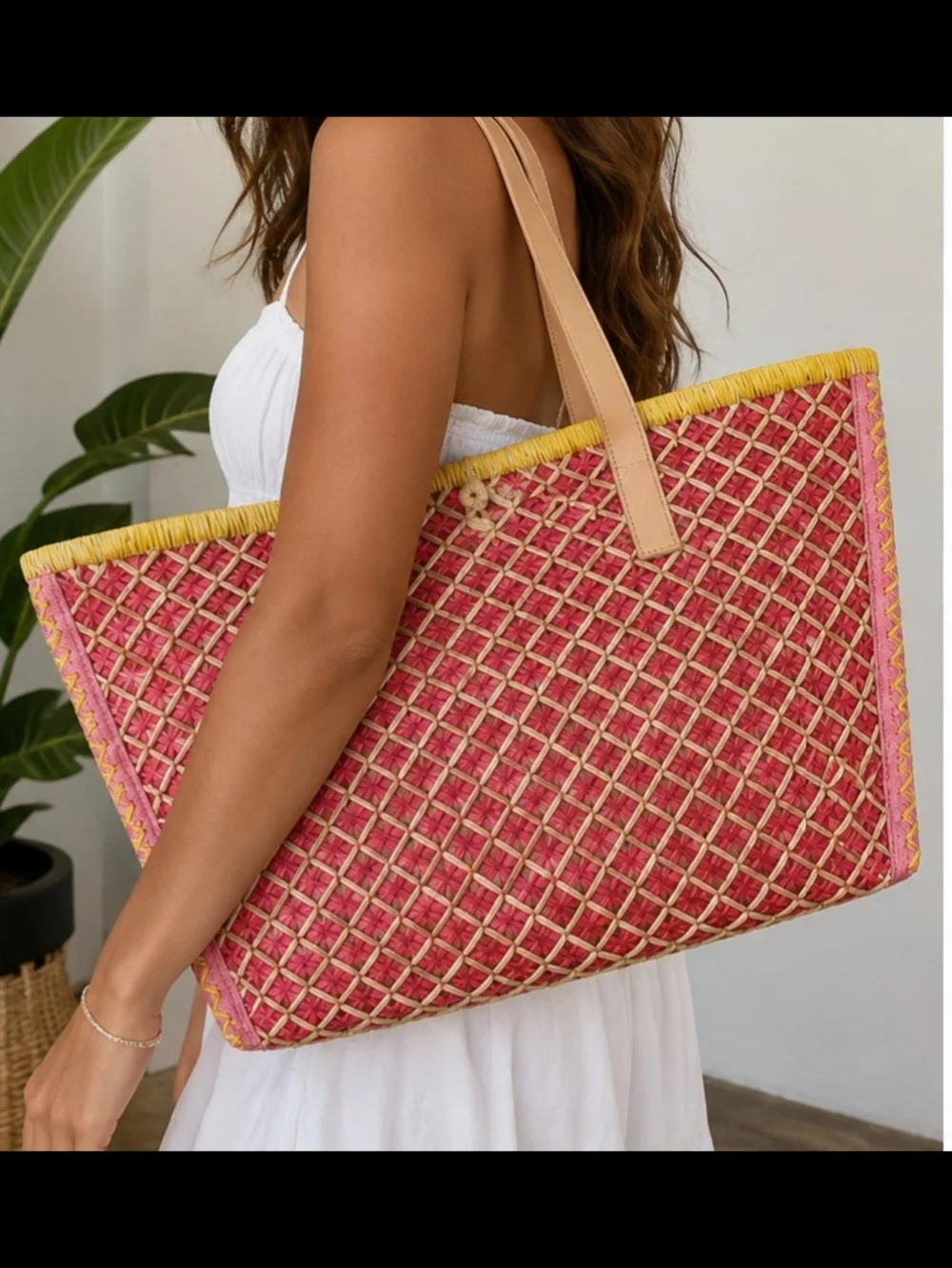 Tommy Bahama Raffia Pink Woven Tote with Yellow Trim and Tan Leather Straps